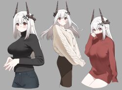 Rule 34 | 1girl, alternate costume, arknights, blush, breasts, casual, commentary request, grey background, highres, horns, large breasts, long hair, long sleeves, looking at viewer, mudrock (arknights), multiple views, oemmnn, pointy ears, red eyes, simple background, solo, steepled fingers, sweater, turtleneck, turtleneck sweater, white hair