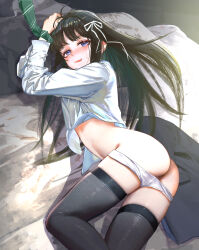 Rule 34 | 1girl, absurdres, ahoge, ass, awa subaru, black hair, black thighhighs, blush, bound, bound wrists, c1718259, commentary request, fang, girls band cry, green necktie, hair ribbon, highres, long hair, long sleeves, looking at viewer, necktie, open mouth, panties, panty pull, parted bangs, partial commentary, pussy, pussy peek, ribbon, shirt, sidelocks, skindentation, solo, sweatdrop, teeth, thighhighs, underwear, upper teeth only, variant set, white panties, white ribbon, white shirt