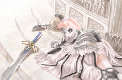 Rule 34 | 00s, 1girl, armor, armored dress, artoria pendragon (fate), back, blonde hair, capcom, dress, excalibur (fate/stay night), closed eyes, fate/stay night, fate/unlimited codes, fate (series), lying, mimura kaoru, ponytail, realistic, saber (fate), saber lily, sleeping, solo, sword, thighhighs, weapon
