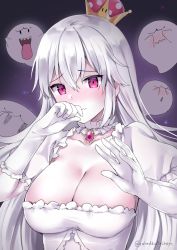 Rule 34 | 1girl, blush, boo (mario), breasts, brooch, cleavage, closed mouth, collar, collarbone, covering own eyes, crown, dress, frilled collar, frills, gloves, hair between eyes, hands up, head tilt, highres, jewelry, kaetzchen, large breasts, long hair, looking at viewer, luigi&#039;s mansion, mario (series), new super mario bros. u deluxe, nintendo, pale skin, princess king boo, red eyes, solo, super crown, twitter username, wavy mouth, white dress, white gloves, white hair