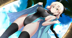 Rule 34 | 1girl, ahoge, black bow, black scarf, black thighhighs, blonde hair, blue hair, bow, breasts, competition swimsuit, day, dutch angle, fate/grand order, fate (series), haori, japanese clothes, large breasts, looking at viewer, minato yoshihiro, multicolored clothes, multicolored swimsuit, okita souji (fate), okita souji (koha-ace), one-piece swimsuit, open clothes, outdoors, scarf, shinsengumi, short hair, solo, standing, swimsuit, thighhighs, undressing, yellow eyes