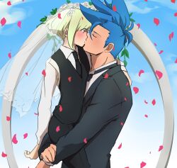 Rule 34 | 2boys, arch, asymmetrical hair, aus vaka, black necktie, black pants, black tuxedo, blue hair, blush, carrying, carrying person, closed eyes, collared shirt, commentary request, dress shirt, flower, flower petal, from side, galo thymos, green hair, head wreath, highres, holding, holding wrist, husband and husband, kiss, lifting person, lio fotia, long sleeves, looking at another, male focus, mohawk, multiple boys, necktie, outdoors, pants, petals, promare, shirt, short hair, sidecut, spiked hair, surprise kiss, surprised, tagme, tuxedo, undercut, veil, wedding, white shirt, wide-eyed, yaoi