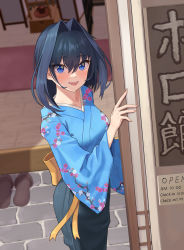 Rule 34 | 1girl, :d, absurdres, apron, bangom r, blue eyes, blue hair, blue kimono, blurry, blurry background, blush, breasts, doorway, floral print, hair between eyes, hair intakes, highres, hololive, hololive english, japanese clothes, kimono, looking at viewer, obi, open mouth, open sign, ouro kronii, ryokan, sash, short hair, sliding doors, slippers, smile, solo, stone floor, virtual youtuber