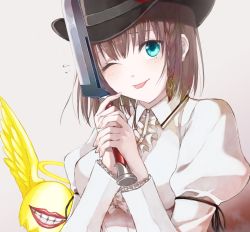 Rule 34 | 1girl, blue eyes, braid, brown hair, charlotte corday (fate), fate/grand order, fate (series), fingernails, halo, hat, holding, holding knife, juliet sleeves, kino kokko, knife, long sleeves, one eye closed, puffy sleeves, tongue, tongue out, wings