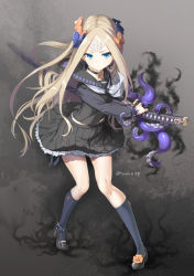 Rule 34 | 1girl, abigail williams (fate), black footwear, black sailor collar, black serafuku, black shirt, black skirt, black socks, blue bow, blue eyes, blush, bow, closed mouth, commentary request, fate/grand order, fate (series), grey neckerchief, hair bow, holding, holding sword, holding weapon, katana, kneehighs, light brown hair, loafers, long hair, long sleeves, looking at viewer, multiple hair bows, neckerchief, orange bow, parted bangs, pleated skirt, polka dot, polka dot bow, sailor collar, school uniform, serafuku, sheath, sheathed, shirt, shoes, skirt, socks, solo, standing, suction cups, sword, tentacles, twitter username, tyone, v-shaped eyebrows, very long hair, weapon