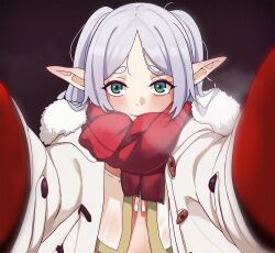 Rule 34 | 1girl, black background, blush, coat, commentary, drop earrings, earrings, elf, english commentary, frieren, fur-trimmed hood, fur trim, gloves, green eyes, highres, hood, jewelry, long hair, looking at viewer, meme, open clothes, open coat, parted bangs, pointy ears, pov, pov cheek warming (meme), red gloves, red scarf, scarf, smile, solo, sousou no frieren, steaming body, todding, upper body, winter clothes, winter coat, winter gloves