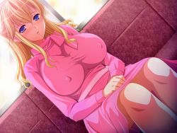 Rule 34 | 1girl, blonde hair, blue eyes, blush, breasts, character request, chikan senyou sharyou, covered erect nipples, frills, game cg, huge breasts, indoors, koizumi amane, sitting, solo, train, train interior