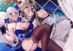 Rule 34 | 2girls, azur lane, blue dress, blue eyes, blue gloves, blush, breasts, cleavage, collarbone, dress, formidable (azur lane), gloves, hair ornament, highres, illustrious (azur lane), illustrious (never-ending tea party) (azur lane), large breasts, long hair, looking at viewer, looking back, mole, mole under eye, multiple girls, official alternate costume, panties, panties under pantyhose, pantyhose, parted lips, red eyes, smile, thighs, twintails, underwear, wee (weeyy), white panties, white pantyhose