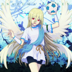 Rule 34 | 1boy, afuro terumi, angel, ball, bike shorts, blonde hair, copyright name, inazuma eleven, inazuma eleven (series), long hair, male focus, open mouth, red eyes, smile, soccer ball, solo, telstar, trap, very long hair, wings, yukasummer, zeus (inazuma eleven)