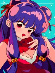 Rule 34 | 1girl, aqua background, blush, bow, breasts, christmas, cleavage, commentary, hair between eyes, hair ornament, highres, medium breasts, open mouth, purple hair, ranma 1/2, red bow, sanamaru (sana79261827), shampoo (ranma 1/2), simple background, solo