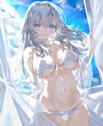 Rule 34 | 1girl, backlighting, bare shoulders, bikini, blue eyes, blue sky, blush, breasts, cleavage, closed mouth, collarbone, curtains, highres, kou mashiro, large breasts, long hair, looking at viewer, navel, original, silver hair, sky, smile, solo, swimsuit, thighs, white bikini