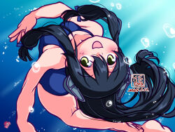 Rule 34 | 1girl, artist logo, black hair, blue one-piece swimsuit, breasts, dated, freediving, headgear, i-47 (kancolle), kantai collection, kutone shirika, long hair, one-piece swimsuit, open mouth, school uniform, small breasts, smile, solo, swimsuit, underwater, yellow eyes