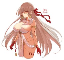 Rule 34 | 1girl, bracelet, breasts, cropped legs, dated, durga (fate), earrings, fate/grand order, fate (series), hair ribbon, highres, jewelry, jitome, kiyu (queue), large breasts, long hair, no pupils, pelvic curtain, red eyes, ribbon, signature, snake, thumb ring, white background, white hair