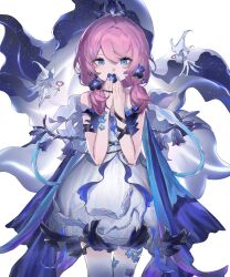 Rule 34 | 1girl, absurdres, arknights, bare arms, bare shoulders, blue cape, blue flower, blue nails, blue poison (arknights), blue poison (nocturne of elysia) (arknights), cape, covering own mouth, cowboy shot, dress, fairy, flower, flower sticker, guling zer0, hair flower, hair ornament, highres, holding, holding flower, light blush, looking at viewer, low-tied sidelocks, medium hair, nail polish, official alternate costume, pink hair, simple background, solo, sticker on arm, sticker on leg, straight-on, strapless, strapless dress, white background, white dress