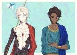 Rule 34 | 2boys, arjuna (fate), bishounen, black eyes, black hair, blue background, blue eyes, blue shirt, bodysuit, bracelet, cape, chest jewel, colored skin, curry x rice, dolphin, fate/grand order, fate (series), gem, indian clothes, jewelry, karna (fate), looking down, male focus, multiple boys, red cape, shirt, thought bubble, white skin