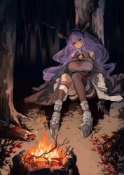 Rule 34 | 1girl, absurdres, arknights, black hairband, black horns, black shirt, boots, breasts, campfire, coat, fake horns, hairband, highres, horn hairband, horns, large breasts, long hair, off shoulder, open clothes, open coat, platform boots, platform footwear, purple hair, rensyu low, shirt, single thighhigh, sitting, sleeveless, sleeveless shirt, thighhighs, typhon (arknights), white coat