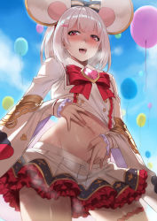 Rule 34 | 1girl, animal ears, balloon, blue sky, blurry, blurry background, blush, bow, brooch, clothes lift, clothes pull, day, deras, granblue fantasy, hair ornament, hairband, hairclip, heart, heart brooch, heavy breathing, highres, jewelry, lifting own clothes, long sleeves, looking at viewer, midriff, mouse ears, navel, open mouth, outdoors, pleated skirt, red eyes, shirt, shirt lift, short hair, silver hair, skirt, skirt pull, sky, solo, vikala (granblue fantasy), white shirt, white skirt, wide sleeves