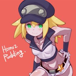Rule 34 | 1girl, alternate costume, belt, blonde hair, breasts, cabbie hat, closed mouth, gloves, hat, long hair, looking at viewer, mega man (series), mega man legends (series), puddinghomhom, roll caskett (mega man), shorts, simple background, small breasts, smile, solo