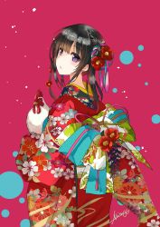 Rule 34 | 1girl, animal, artist name, bird, black hair, blush, braid, chicken, chinese zodiac, circle, commentary request, floral print, from side, furisode, hair ornament, happy new year, hexagon, highres, holding, holding animal, japanese clothes, kanzashi, kimono, looking at viewer, looking back, nape, naruse chisato, new year, obi, original, parted lips, pink background, purple eyes, red kimono, rooster, sash, signature, solo, year of the rooster