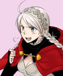 Rule 34 | 1girl, ahoge, braid, breasts, buttons, capelet, fire emblem, fire emblem fates, hairband, hood, hood down, hooded capelet, long hair, low twintails, mars symbol, medium breasts, monochrome, nina (fire emblem), nintendo, open mouth, parted bangs, pink background, red hood, sobayu (chizuwa), solo, twin braids, twintails, upper body, white hairband