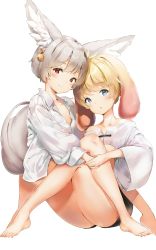Rule 34 | 2boys, absurdres, animal ear fluff, animal ears, barefoot, black shorts, blade &amp; soul, blonde hair, blue eyes, brown eyes, commentary request, dress shirt, earrings, feet, fox ears, fox tail, holding hands, highres, jewelry, keibeam, knees up, legs, looking at viewer, lyn (blade &amp; soul), male focus, multiple boys, no pants, rabbit ears, shirt, short hair, short shorts, shorts, silver hair, simple background, single earring, sitting, sitting on lap, sitting on person, smile, tail, thighs, toes, white background, white shirt