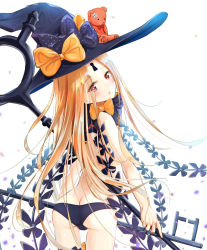 Rule 34 | 1girl, :o, abigail williams (fate), abigail williams (second ascension) (fate), absurdres, ass, black bow, black hat, black panties, blonde hair, blush, bow, butt crack, commentary request, cowboy shot, fate/grand order, fate (series), flower, hat, hat bow, head tilt, highres, holding, holding key, key, keyhole, long hair, looking at viewer, looking back, orange bow, oversized object, panties, parted bangs, parted lips, petals, red eyes, revealing clothes, sakazakinchan, skull print, solo, stuffed animal, stuffed toy, teddy bear, topless, underwear, very long hair, white background, white flower, witch hat