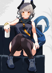 Rule 34 | 1girl, arknights, bare shoulders, black footwear, black shirt, black thighhighs, blush, commentary request, ert raitsui, grey background, grey hair, highres, holding, horns, liskarm (arknights), looking at viewer, red eyes, shirt, shoes, short hair, sitting, sleeveless, sleeveless shirt, sneakers, solo, tail, thighhighs, watch, wristwatch