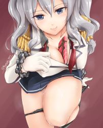 Rule 34 | 10s, 1girl, akatsuki akane, artist name, between breasts, black panties, blue eyes, breasts, chocolate, cleavage, collarbone, covered erect nipples, epaulettes, gloves, heart, highres, kantai collection, kashima (kancolle), large breasts, leaning forward, lips, looking at viewer, panties, unworn panties, panty pull, pussy juice, silver hair, simple background, smile, solo, standing, standing on one leg, sweat, twintails, underwear, wavy hair, white gloves