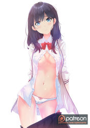 Rule 34 | 1girl, arms behind back, bad id, bad pixiv id, black hair, black skirt, blue eyes, blush, bow, bowtie, cameltoe, closed mouth, clothes pull, collared shirt, contrapposto, cowboy shot, dress shirt, gridman universe, groin, highres, long hair, looking at viewer, navel, open clothes, open shirt, panties, patreon logo, pink ribbon, pleated skirt, red bow, red bowtie, ribbon, shiny skin, shirt, simple background, skirt, skirt pull, solo, ssss.gridman, standing, straight hair, sydus, takarada rikka, unbuttoned, unbuttoned shirt, underwear, watermark, web address, white background, white panties, white shirt, wing collar