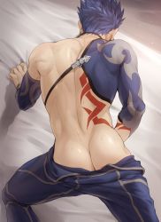 Rule 34 | 1boy, all fours, ass, back, bed sheet, blue hair, commentary request, cowboy shot, cu chulainn (fate), cu chulainn (fate/stay night), cu chulainn (second ascension) (fate), facing away, fate/stay night, fate (series), from behind, highres, igote, male focus, mondi hl, official alternate costume, pants, short hair, solo, spiked hair, tattoo, topless male
