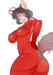 Rule 34 | 1girl, animal ears, ass, bodysuit, breasts, covered erect nipples, female focus, furry, furry female, highres, large breasts, simple background, sindoll, solo, tagme, tail, white background