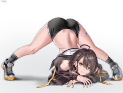 Rule 34 | 1girl, ahoge, arm rest, artist name, ass, azur lane, back, baltimore (azur lane), baltimore (black ace) (azur lane), bandaid, bandaid on leg, bare shoulders, black choker, black jacket, black shorts, black socks, braid, brown hair, buko (bukosuki), choker, closed mouth, collarbone, commentary, flexible, french braid, full body, hair between eyes, hands on ground, highres, jack-o&#039; challenge, jacket, kneehighs, looking at viewer, meme, midriff, off shoulder, official alternate costume, shadow, shoes, short hair, short shorts, shorts, sidelocks, simple background, smile, sneakers, socks, solo, sports bra, spread legs, stretching, top-down bottom-up, white background, white sports bra, wide spread legs, yellow eyes