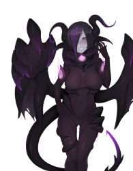 Rule 34 | 1girl, artist name, black gloves, black hair, blush, bodysuit, breasts, breasts apart, caleana, colored skin, covered erect nipples, covered navel, demon girl, demon horns, elbow gloves, gloves, gluteal fold, grey skin, hair over one eye, hand up, highres, horns, looking at viewer, medium breasts, monster girl, monster girl encyclopedia, night gaunt (monster girl encyclopedia), parted lips, pointy ears, purple eyes, purple hair, simple background, smile, solo, tail, thigh gap, white background