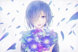 Rule 34 | 1girl, :d, blue eyes, blue hair, bouquet, commentary request, flower, hair over one eye, holding, holding bouquet, kanda kou, kirishima touka, one eye covered, open mouth, short hair, smile, solo, tokyo ghoul, upper body