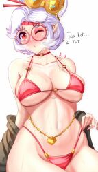 Rule 34 | 1girl, anisdrawn, bare shoulders, bikini, blush, breasts, choker, collarbone, commentary, eyeshadow, glasses, groin, highres, large breasts, looking at viewer, makeup, navel, nintendo, nose blush, off shoulder, pointy ears, purah, red-framed eyewear, red bikini, red choker, red eyes, round eyewear, short hair, solo, stomach, swimsuit, the legend of zelda, the legend of zelda: tears of the kingdom, white hair
