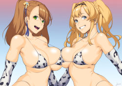 Rule 34 | 2girls, :d, absurdres, animal print, beatrix (granblue fantasy), bikini, blonde hair, blue background, blue eyes, braid, breast press, breasts, cow print, dyun, elbow gloves, gloves, gradient background, granblue fantasy, green eyes, hairband, highleg, highleg bikini, highres, large breasts, looking at viewer, multiple girls, one side up, open mouth, signature, smile, strap gap, swimsuit, symmetrical docking, twintails, white bikini, white gloves, zeta (granblue fantasy)