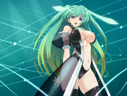 Rule 34 | 1girl, abstract background, arms behind back, artist request, bare shoulders, black leotard, black thighhighs, blue eyes, blush, bow, breasts, center opening, chiivistan, cleavage, covered erect nipples, cowboy shot, detached sleeves, gradient hair, green background, green hair, green theme, highres, large breasts, leotard, long hair, looking at viewer, medium breasts, multicolored hair, navel, no bra, os-tan, revealing clothes, see-through, short sleeves, skindentation, sleeveless leotard, smile, solo, standing, thighhighs, very long hair, vista-tan, wallpaper