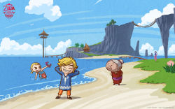 Rule 34 | 1boy, 2011, 3girls, age difference, alternate costume, arms behind back, arms behind head, aryll, beach, bird, bridge, cliff, cloud, crab, day, closed eyes, grandmother, grass, grin, hair bun, hanging bridge, highres, horizon, house, island, jar, link, lookout platform, multiple girls, nintendo, object on head, ocean, official art, official wallpaper, outdoors, outset island, palm tree, pig, pointy ears, seagull, short twintails, single hair bun, smile, sue-belle, the legend of zelda, the legend of zelda: the wind waker, toon link, tree, twintails, wading, wallpaper, water
