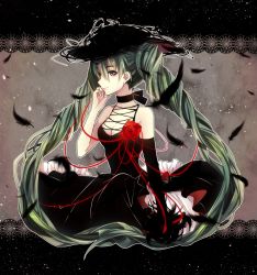 1girl bad_id bad_pixiv_id breasts cleavage dress female_focus green_eyes green_hair hatsune_miku highres long_hair matching_hair/eyes momoko_(momoko14) solo twintails very_long_hair vocaloid