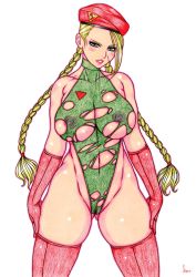 Rule 34 | 1girl, beret, blonde hair, breasts, cammy white, hat, highres, huge breasts, kyo (osaka), leotard, solo, street fighter, street fighter ii, torn clothes