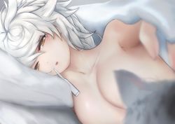 Rule 34 | 1girl, absurdres, bed, blush, braid, breasts, cat, digital thermometer, hair ornament, highres, kantai collection, large breasts, long hair, looking at viewer, lying, on side, sick, silver hair, single braid, solo, terebi-, thermometer, unryuu (kancolle), yellow eyes