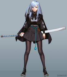 Rule 34 | 1girl, ankle boots, belt, black cape, black skirt, blue eyes, blue hair, boots, cape, commentary, dixneuf, english commentary, full body, hand on hilt, high heel boots, high heels, highres, holding, holding sword, holding weapon, katana, long hair, long sleeves, neck ribbon, original, pantyhose, parted lips, ribbon, scabbard, sheath, sheathed, skirt, solo, standing, sword, unsheathing, weapon