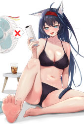 Rule 34 | 1girl, absurdres, ahoge, animal ear fluff, animal ears, arknights, barefoot, black bra, black hair, black panties, blaze (arknights), blue eyes, blush, bra, breasts, cameltoe, cat ears, cat girl, cat tail, cleavage, collarbone, commentary request, controller, electric fan, feet, hair between eyes, hairband, headband, highres, holding, ice, ice cube, lace, lace-trimmed bra, lace trim, large breasts, long hair, looking at viewer, navel, open mouth, panties, remote control, runyo (yale12312), simple background, sitting, soles, solo, stomach, sweat, table, tail, thighs, toes, tongue, tongue out, underwear, underwear only, very long hair, white background