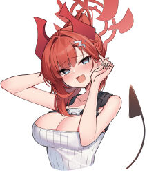 Rule 34 | 1girl, absurdres, blue archive, blue eyes, blush, breasts, cleavage, collarbone, cropped torso, demon horns, demon tail, fang, halo, head tilt, highres, horns, large breasts, looking at viewer, megu (blue archive), ponytail, red hair, ribbed shirt, shirt, simple background, skin fang, smile, solo, tail, upper body, white background, white shirt, ziro (zirorong)