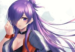 Rule 34 | 1girl, armor, blush, breasts, cleavage, collar, fire emblem, fire emblem: three houses, fire emblem warriors, fire emblem warriors: three hopes, hair bun, hair over one eye, hand on own cheek, hand on own face, highres, large breasts, long hair, nintendo, one eye covered, purple eyes, purple hair, reia hana, shez (female) (fire emblem), shez (fire emblem), shoulder armor, single hair bun, white background