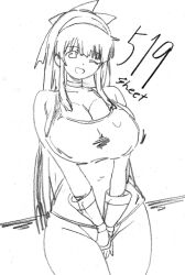 1girl artist_name breasts bursting_breasts cleavage competition_school_swimsuit fingerless_gloves gloves hair_ribbon highres large_breasts legs long_hair looking_at_viewer monochrome nakoruru one-piece_swimsuit one_eye_closed open_mouth own_hands_together pool ribbon samurai_spirits school_swimsuit sideboob sketch snk solo swimsuit the_king_of_fighters thick_thighs thighs tongue traditional_media water wink