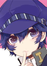 Rule 34 | 1girl, bad id, bad pixiv id, blue eyes, blue hair, cabbie hat, finger to mouth, fingernails, grey eyes, hat, houndstooth, jpeg artifacts, looking at viewer, matching hair/eyes, persona, persona 4, sayu030b, shirogane naoto, short hair, solo, unmoving pattern