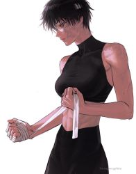 Rule 34 | 1girl, abs, artist name, bandages, bandaged hand, bandaged head, bandages, bare arms, bare shoulders, black hair, black legwear, black pants, breasts, brown eyes, burn scar, clenched hands, closed mouth, cowboy shot, glasses, jujutsu kaisen, lips, looking down, medium breasts, midriff, pale skin, pants, round eyewear, scar, scar on arm, scar on face, short hair, simple background, solo, spoilers, sports bra, sportswear, standing, tight clothes, tight pants, toned, toned female, twitter username, watermark, wengwengchim, white background, zenin maki