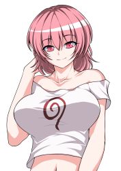 Rule 34 | 1girl, alternate costume, bad id, bad pixiv id, bare shoulders, breasts, closed mouth, collarbone, highres, kagi f, large breasts, looking at viewer, navel, off-shoulder shirt, off shoulder, pink eyes, pink hair, saigyouji yuyuko, shirt, short sleeves, smile, solo, touhou, upper body, white shirt