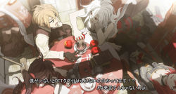 Rule 34 | 1boy, 3girls, angry, apple, backpack, bag, black gloves, blonde hair, book, broom, chair, choker, cup, downblouse, fake screenshot, food, from above, fruit, gloves, highres, jewelry, lambretta (pixiv fantasia), long hair, looking at another, looking up, messy room, multiple girls, open mouth, pavement, pendant, pixiv fantasia, pixiv fantasia t, ponytail, red eyes, red hair, short hair, sitting, spoon, squeezing, strap slip, sugar cube, table, tablecloth, tagging in progress, teacup, teapot, tile floor, tiles, tsukuba masahiro, white hair, yellow eyes